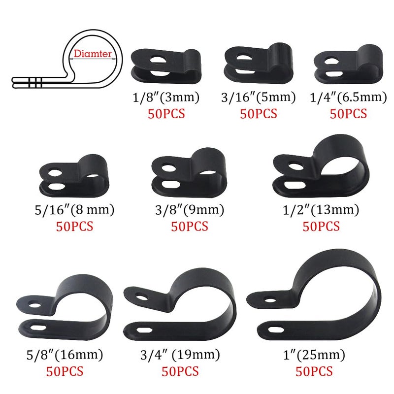 TOVOT 450 PCS 9 Types (1/8â€³-1â€³) Nylon Cable Clips Assortment R-Type Cable Clip Kit Black Plastic Wire Clamps Fasteners for Wire Mounting - Image 2